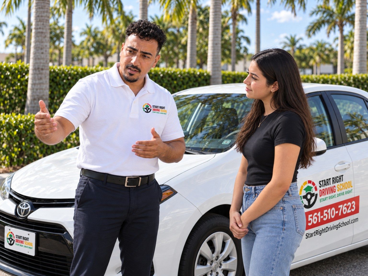 Illustration of a driving lesson: a Start Right instructor explains beside the training car while a learner listens