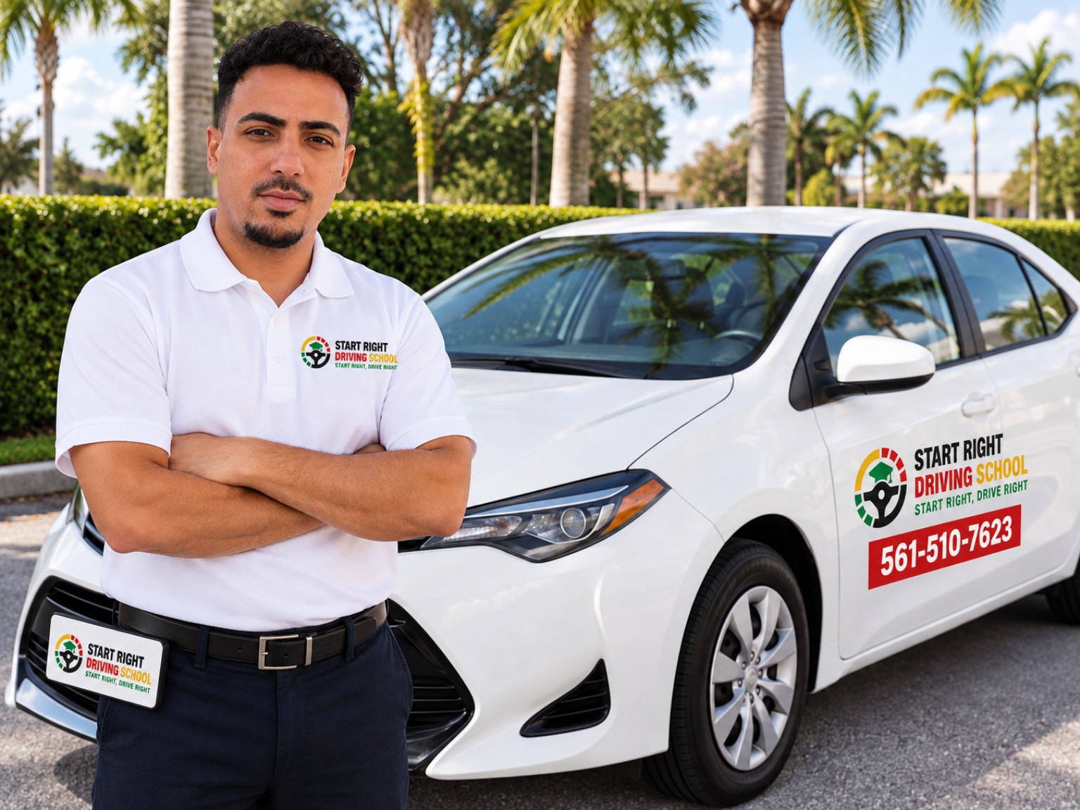 Edward Negron, fundador de Start Right Driving School, junto al vehículo de práctica